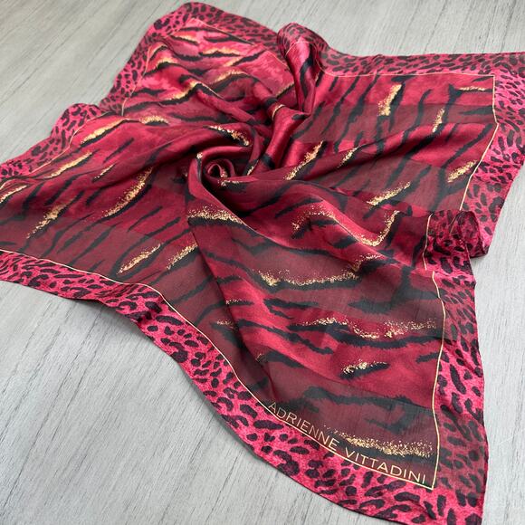 Adrienne Vittadini Red Animal Print Silk Scarf Tiger Cheetah Leopard 21"x21" - Picture 8 of 9